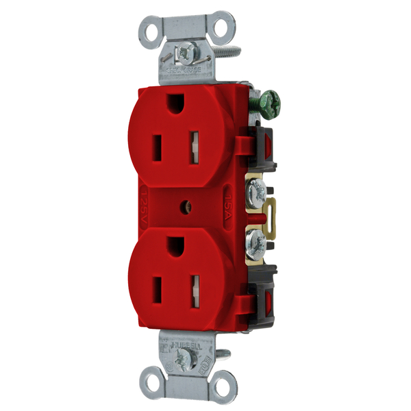 Hubbell Wiring Device-Kellems Straight Blade Devices, Receptacles, Tamper-Resistant Duplex, Commercial/Industrial Grade, 2-Pole 3-Wire Grounding, 15A 125V, 5-15R, Red, Single Pack BR15RTR